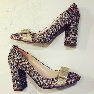 J. Crew metallic tweed heels w/ glitter bow ab085